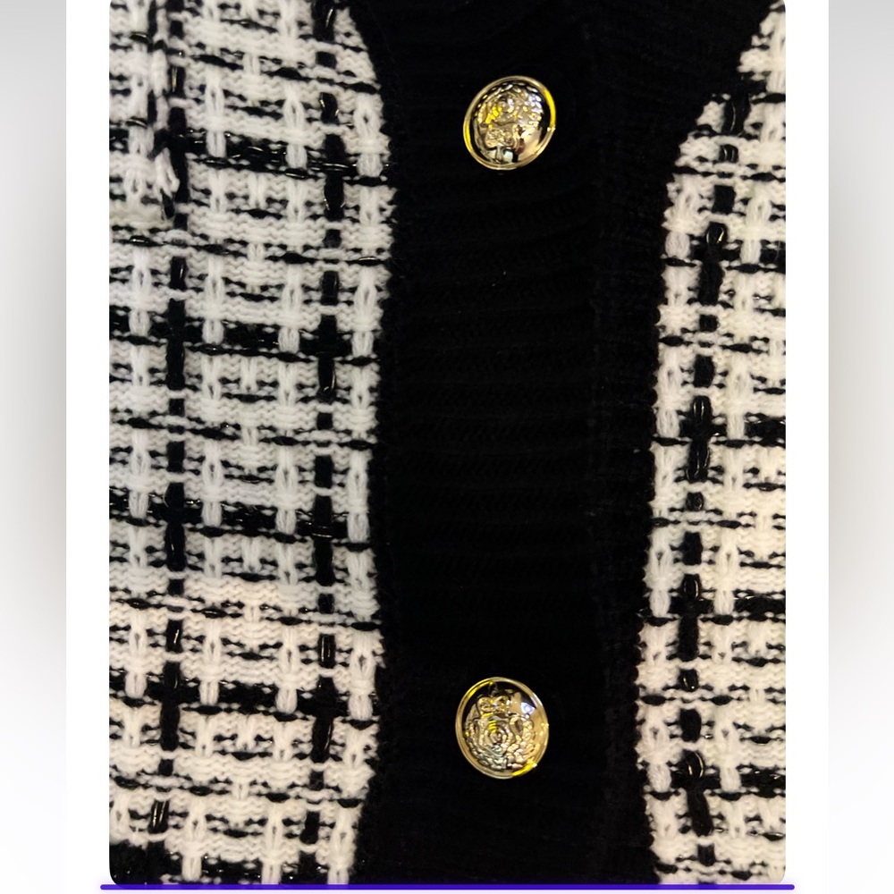 ZARA Tweed Knit Cardigan Black White Gold Button Womens Small NWT - Picture 5 of 8